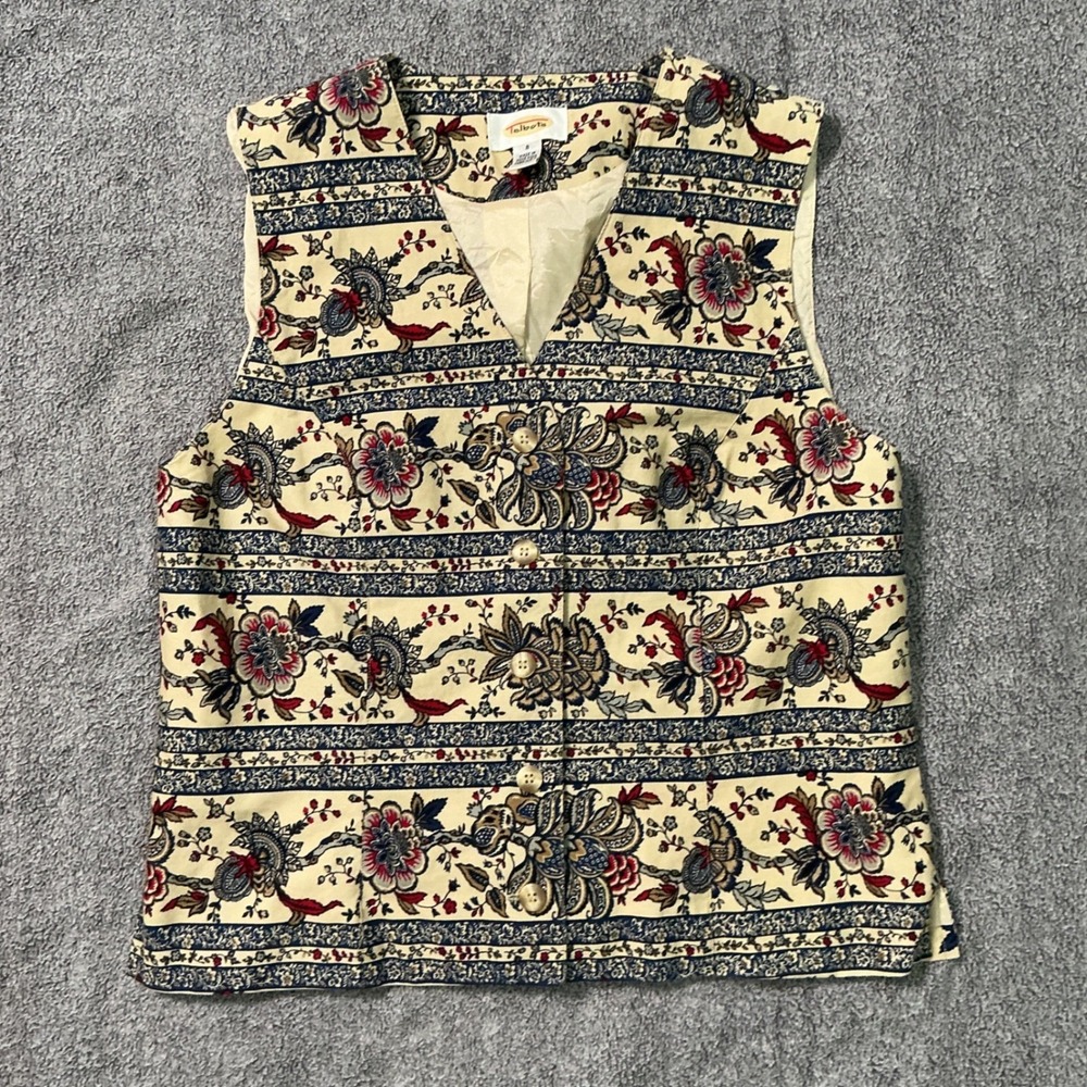 Talbots Womens Vintage Floral Paisley Tapestry Vest Cotton Cream Navy Red Small